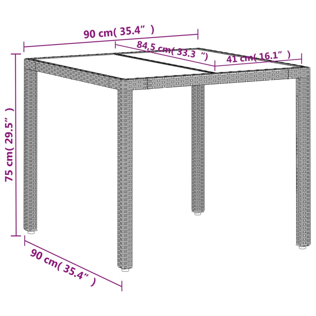 Garden table with light grey glass top and woven resin