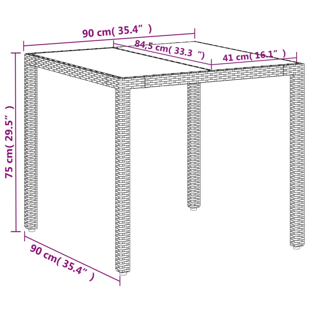 Table de jardin dessus en verre blanc 90x90x75cm résine tressée