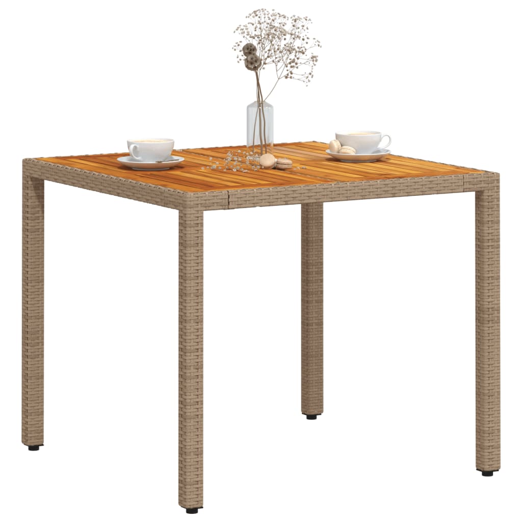 Table de jardin beige 90x90x75 cm résine tressée et bois acacia