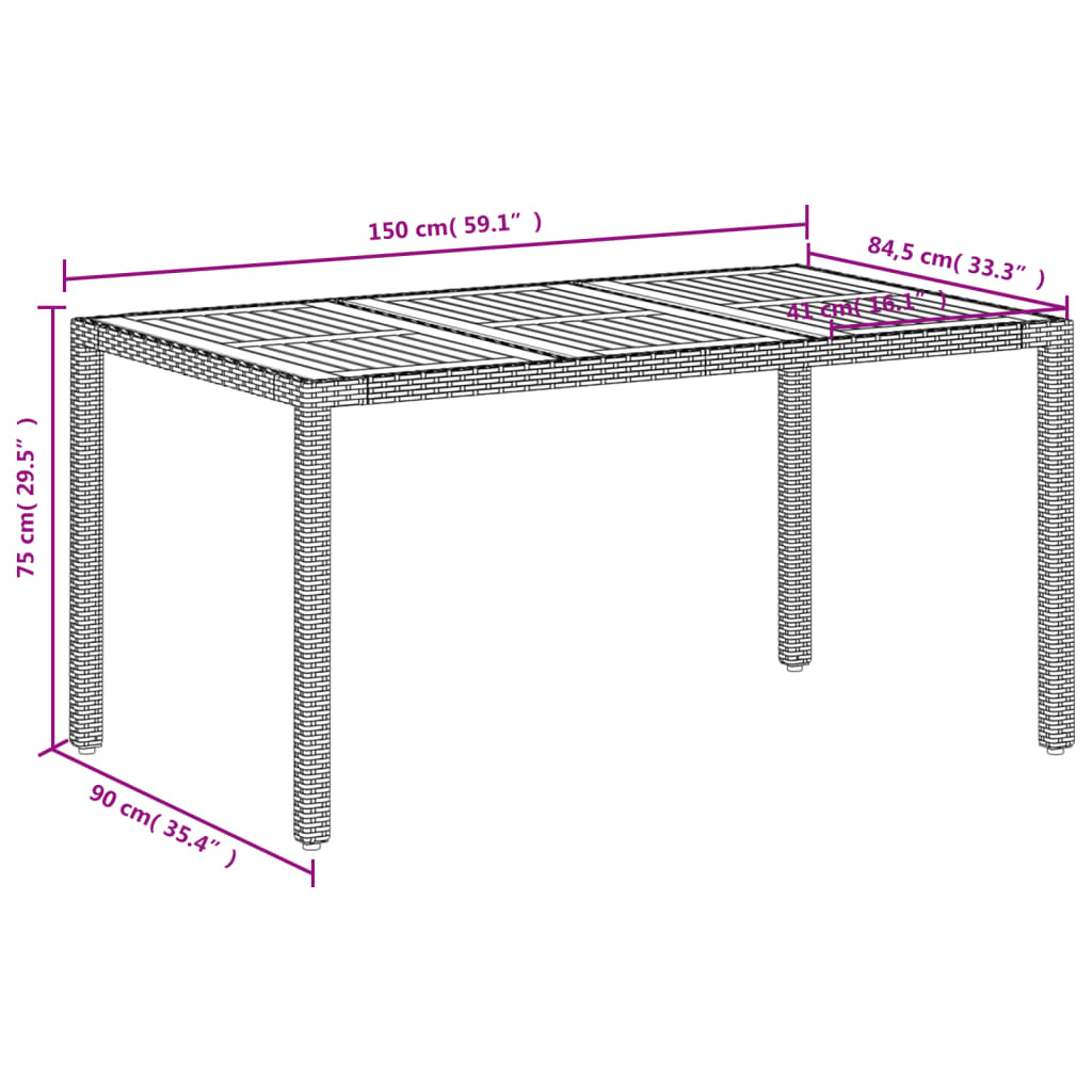 Table de jardin beige 150x90x75 cm résine tressée bois d'acacia