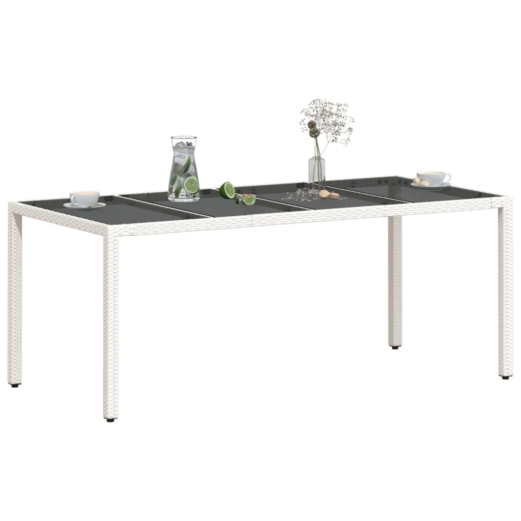 Table de jardin avec dessus en verre blanc résine tressée