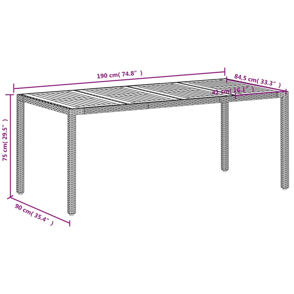 Table de jardin beige 190x90x75 cm résine tressée bois d'acacia