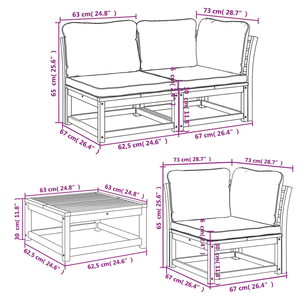 Salon de jardin 6 pcs avec coussins bois d'acacia solide