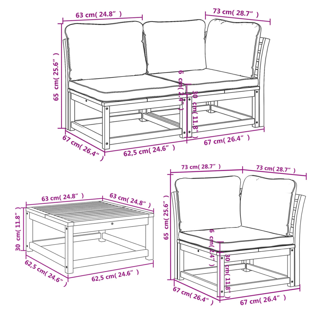 Salon de jardin 6 pcs avec coussins bois d'acacia solide