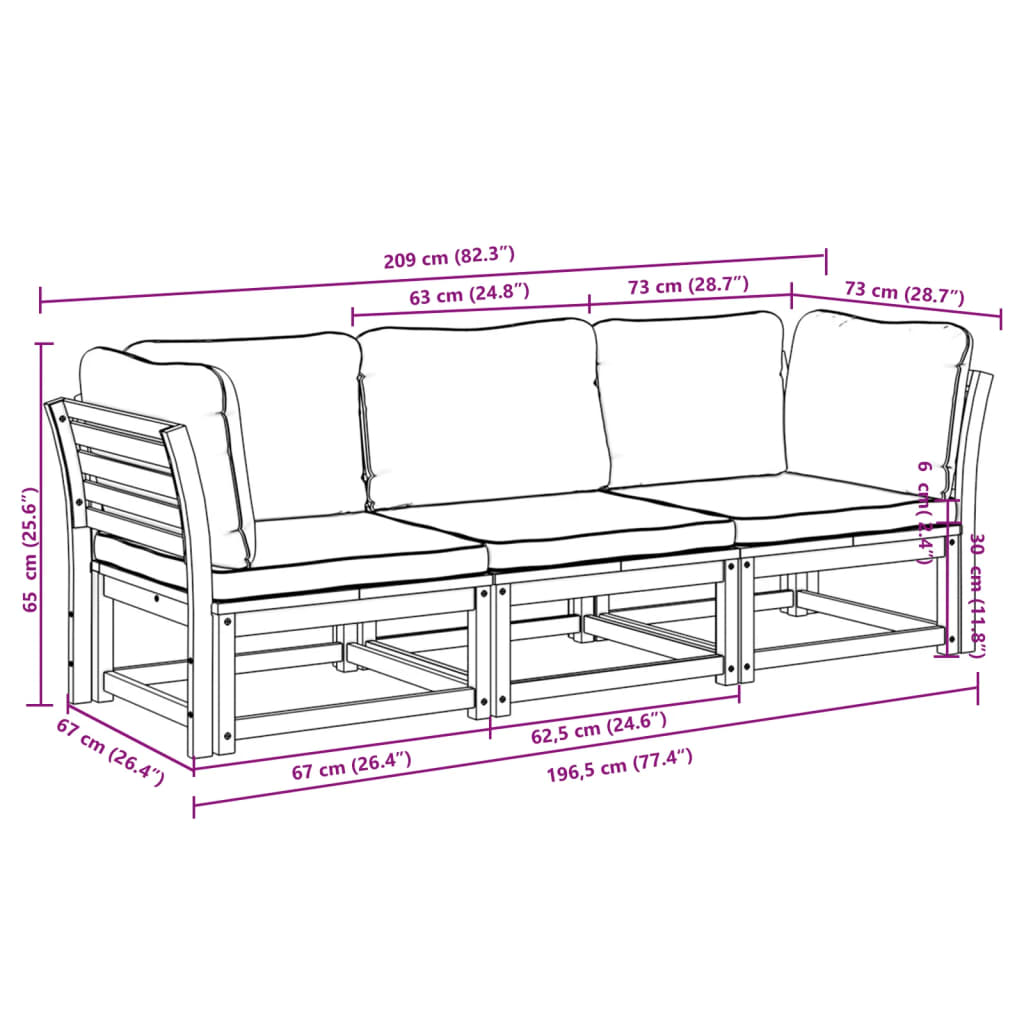 Salon de jardin 3 pcs avec coussins bois massif d'acacia