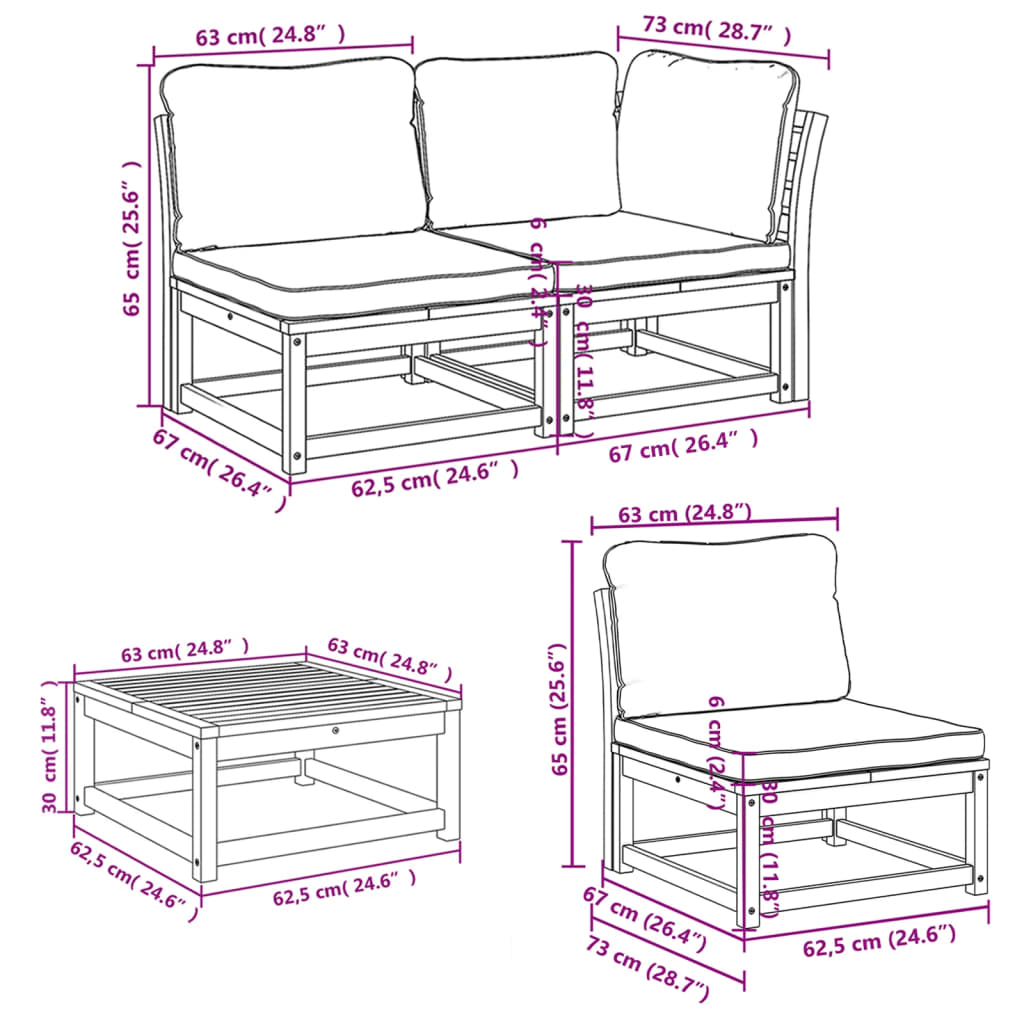 Salon de jardin avec coussins 5 pcs Bois d'acacia solide