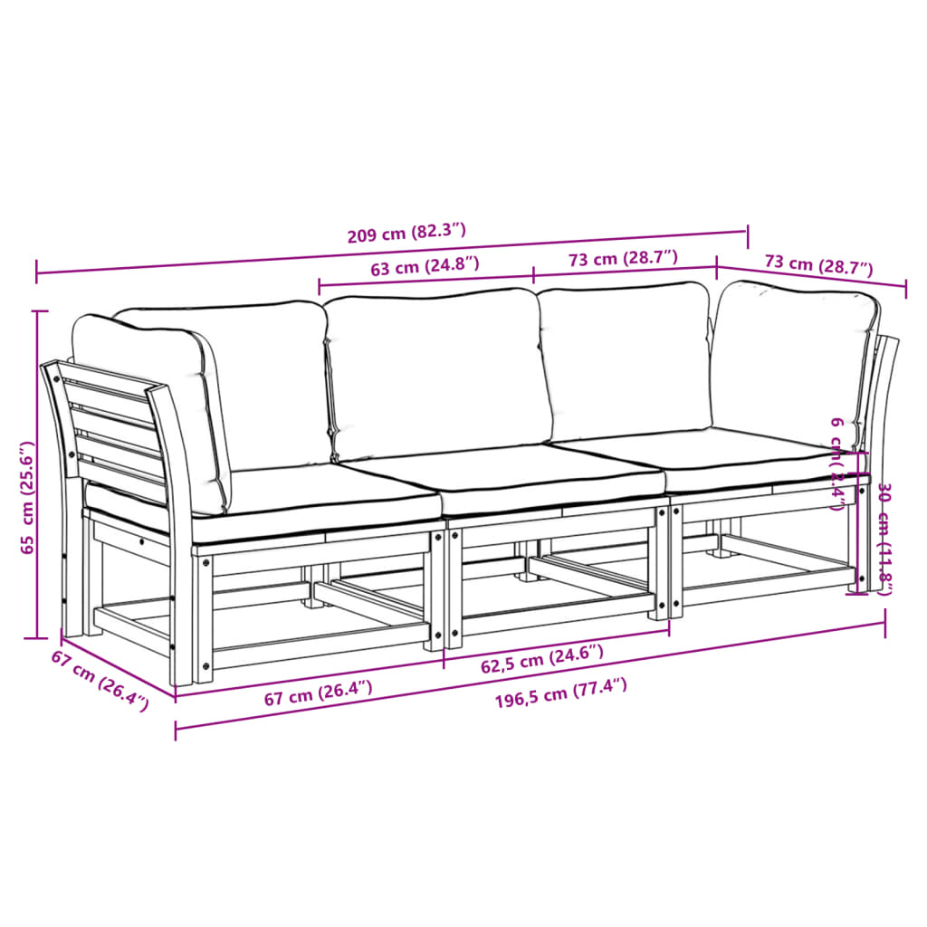 Salon de jardin 3 pcs avec coussins bois massif d'acacia