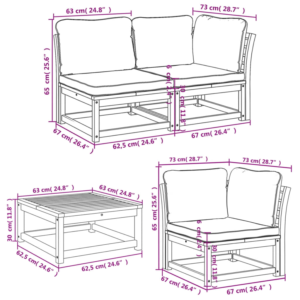 Salon de jardin 6 pcs avec coussins bois d'acacia solide