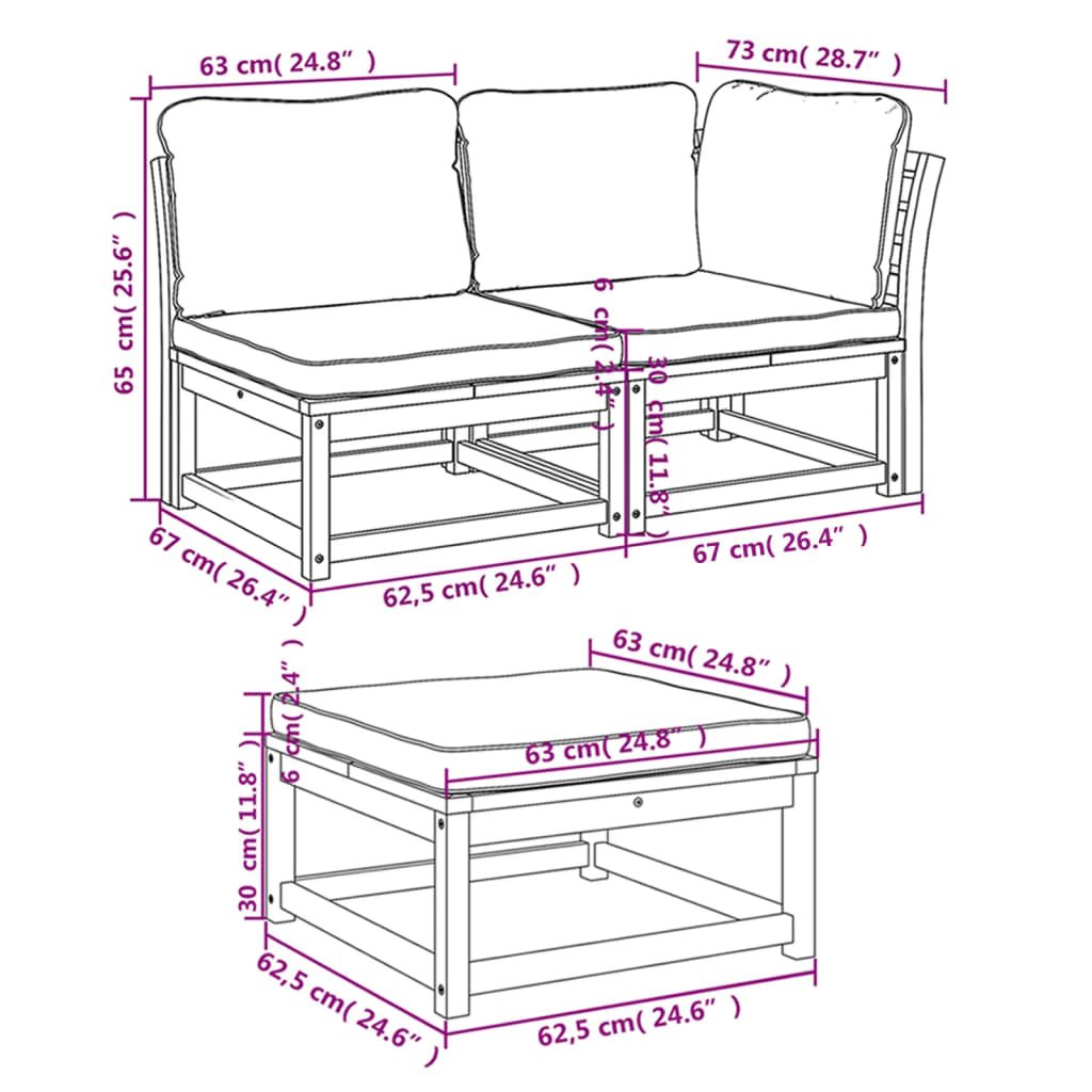 Salon de jardin 3 pcs avec coussins bois massif d'acacia