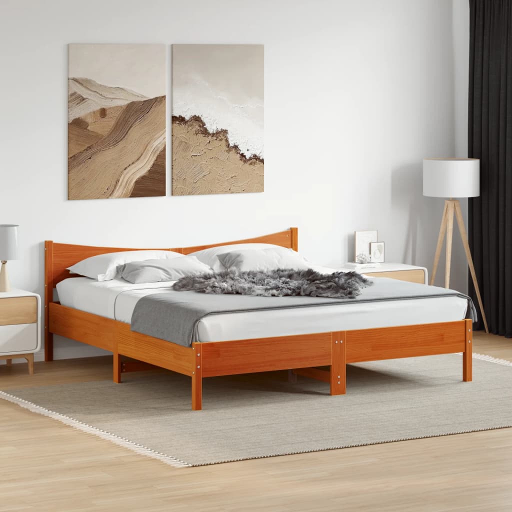 Bed frame without mattress brown wax 200x200cm solid pine wood