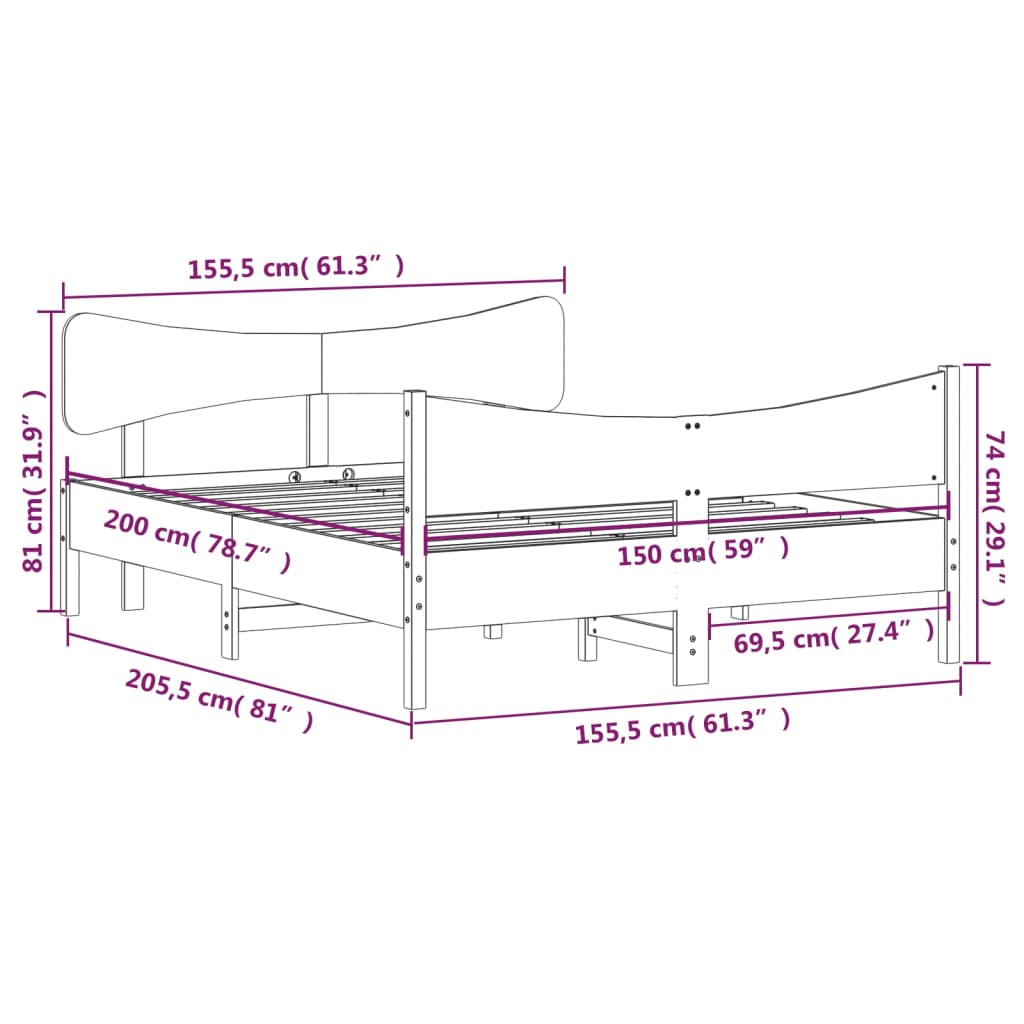 Cadre de lit sans matelas cire marron 150x200cm bois pin massif