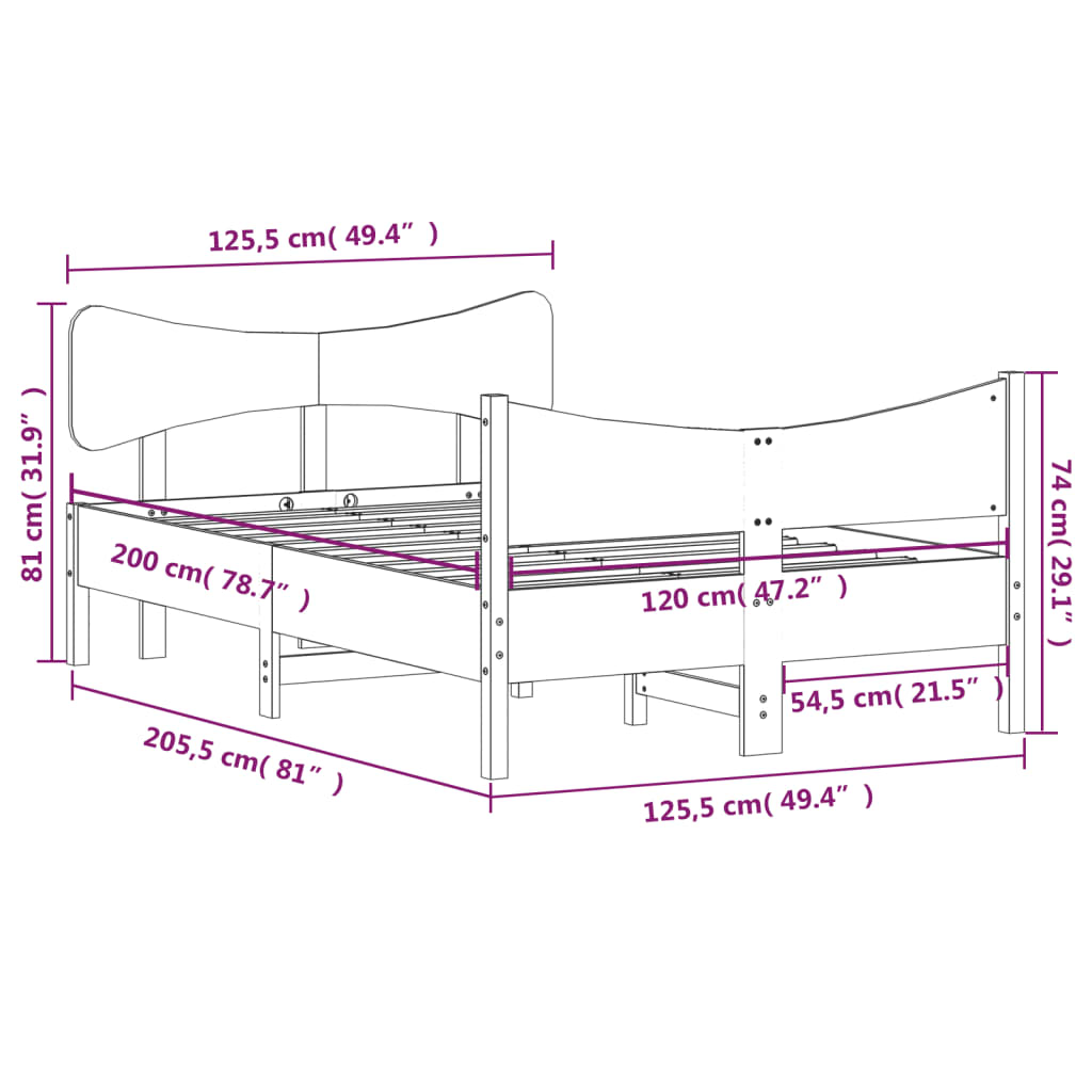 Bed frame without mattress 120x200 cm solid pine wood