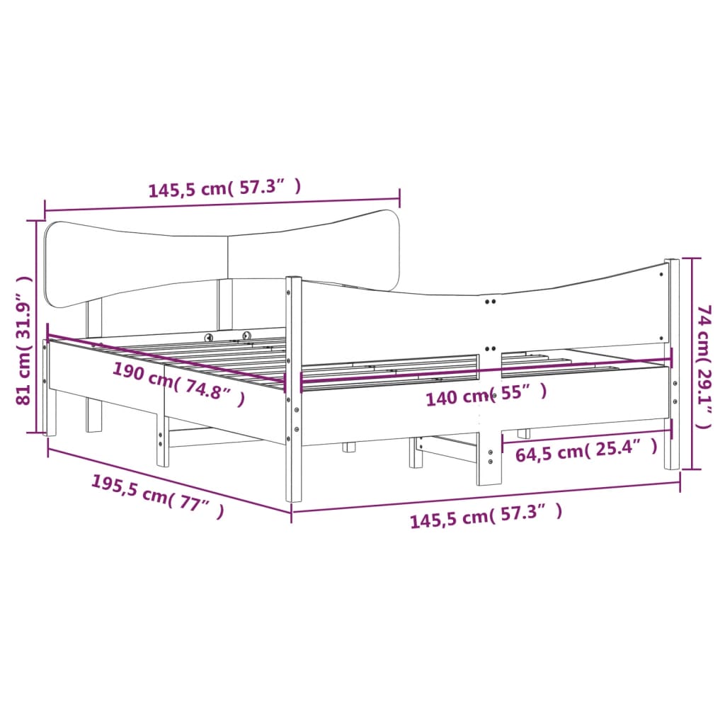 Cadre de lit sans matelas cire marron 140x190cm bois pin massif