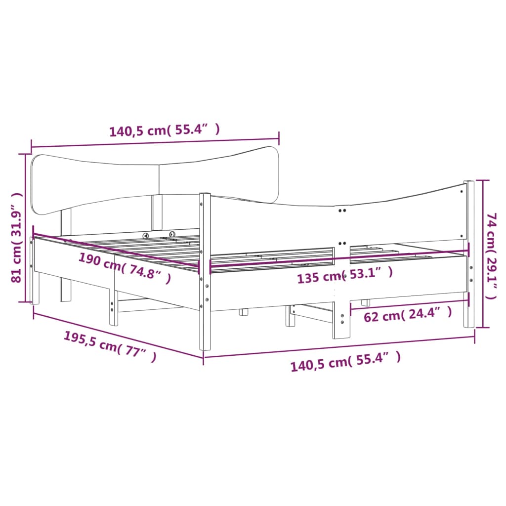 Cadre de lit sans matelas 135x190 cm bois de pin massif