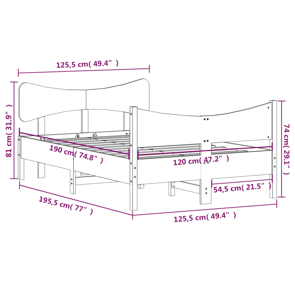 Cadre de lit sans matelas cire marron 120x190cm bois pin massif