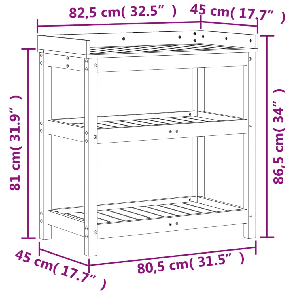 Table de rempotage et étagères 82,5x45x86,5 cm bois massif pin