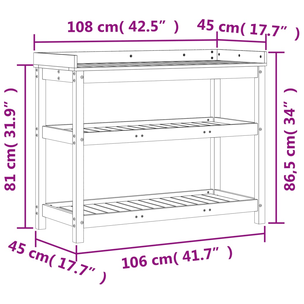 Table de rempotage avec étagères 108x45x86,5 cm bois massif pin