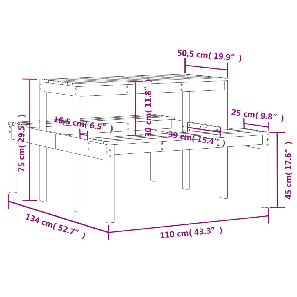 Table de pique-nique 110x134x75 cm bois massif de pin