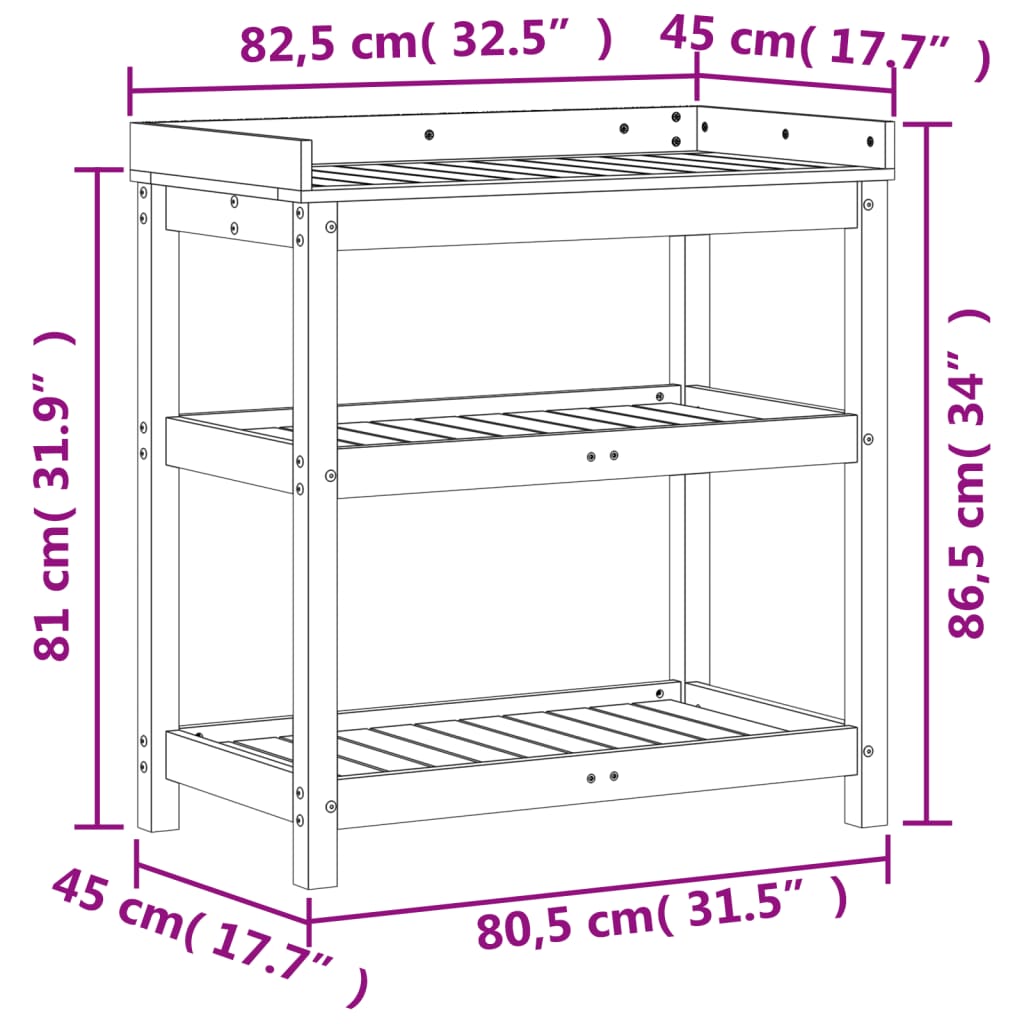 Table de rempotage avec étagères marron bois massif de pin