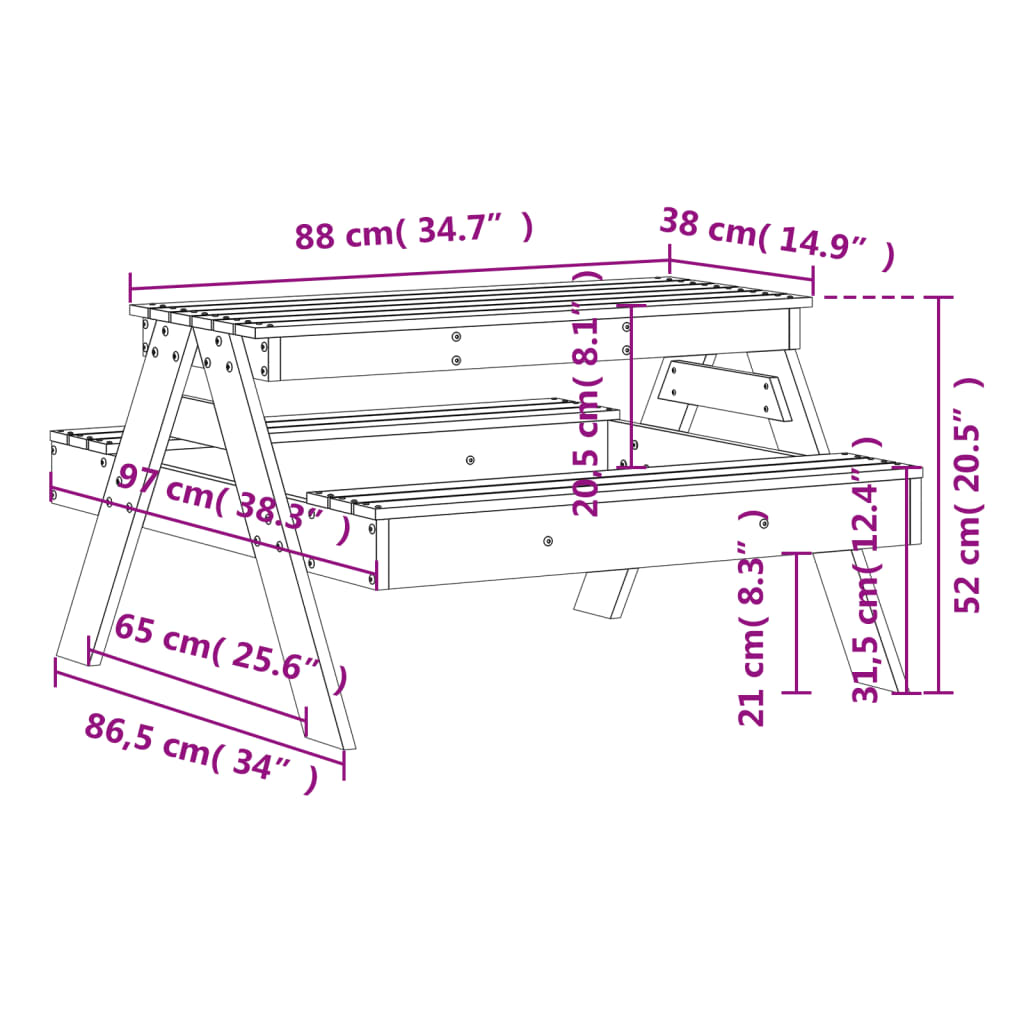 Table de pique-nique pour enfants cire marron bois massif pin