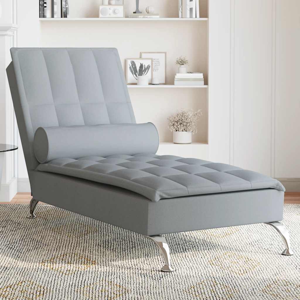 Chaise longue de massage avec traversin gris clair tissu