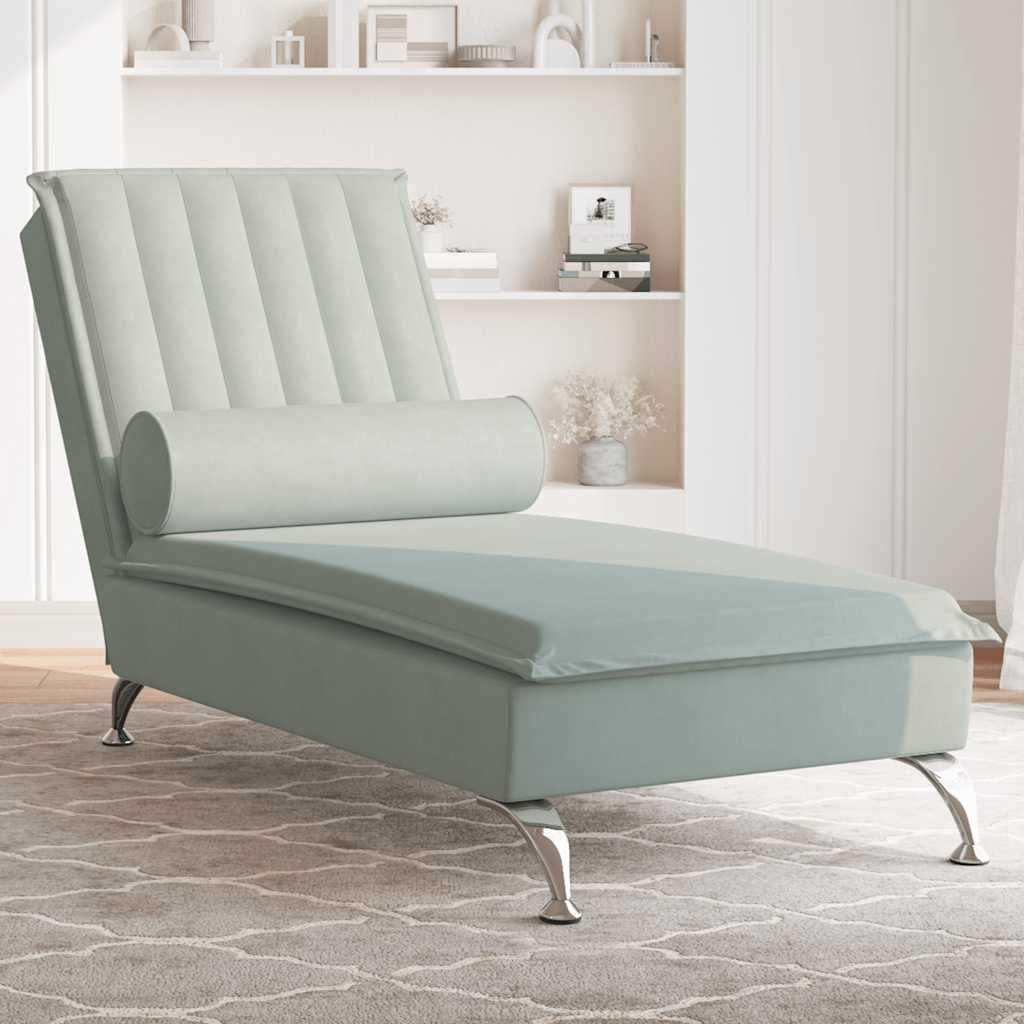 Chaise longue de massage avec traversin gris clair velours