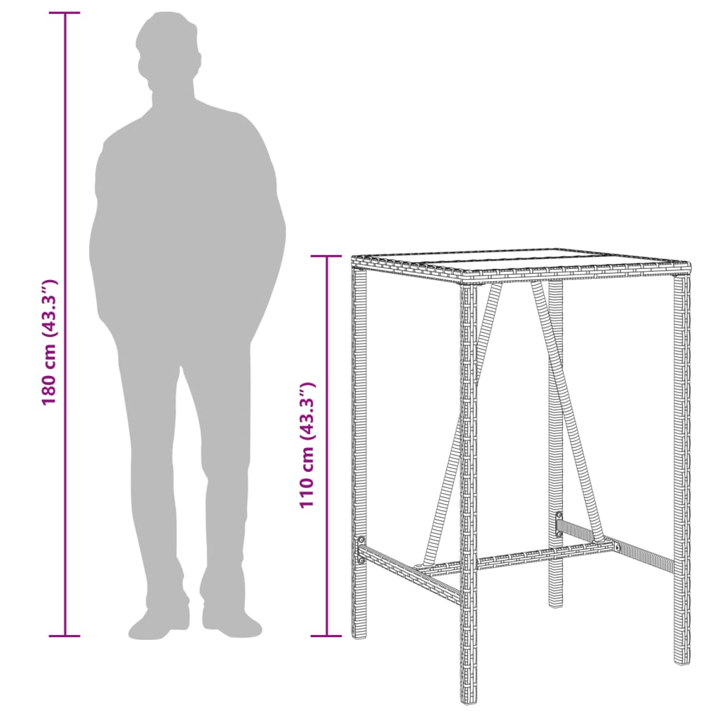 Table de bar d’extérieur gris 70x70x110 cm poly rotin