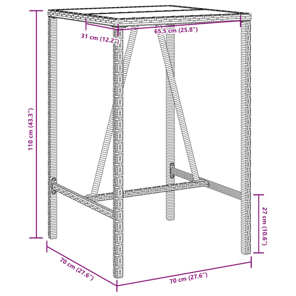 Table de bar d’extérieur gris 70x70x110 cm poly rotin