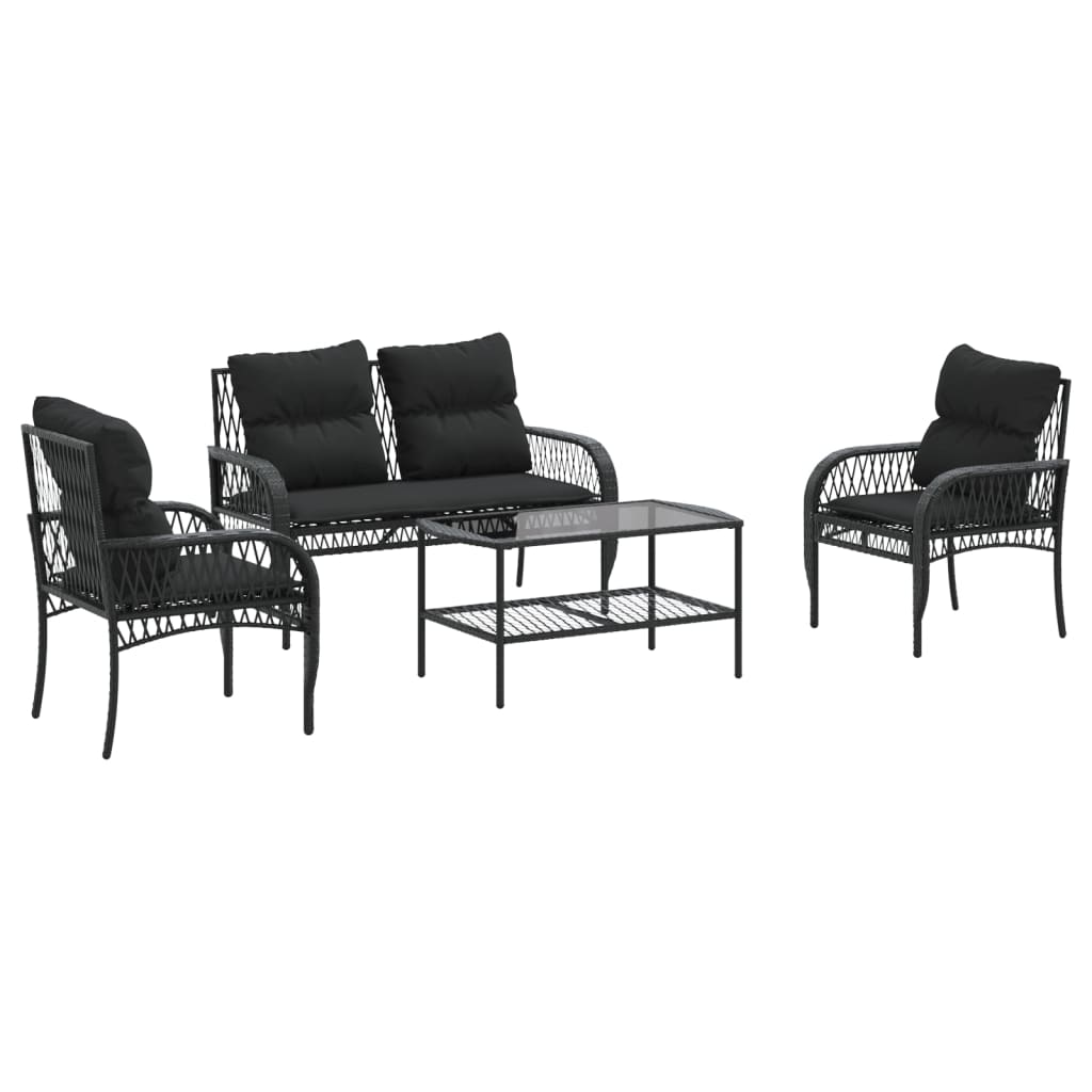 Salon de jardin 4 pcs avec coussins noir résine tressée