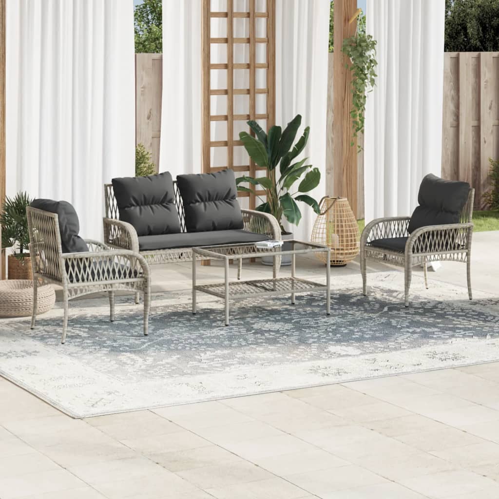 Salon de jardin 4 pcs avec coussins gris clair résine tressée