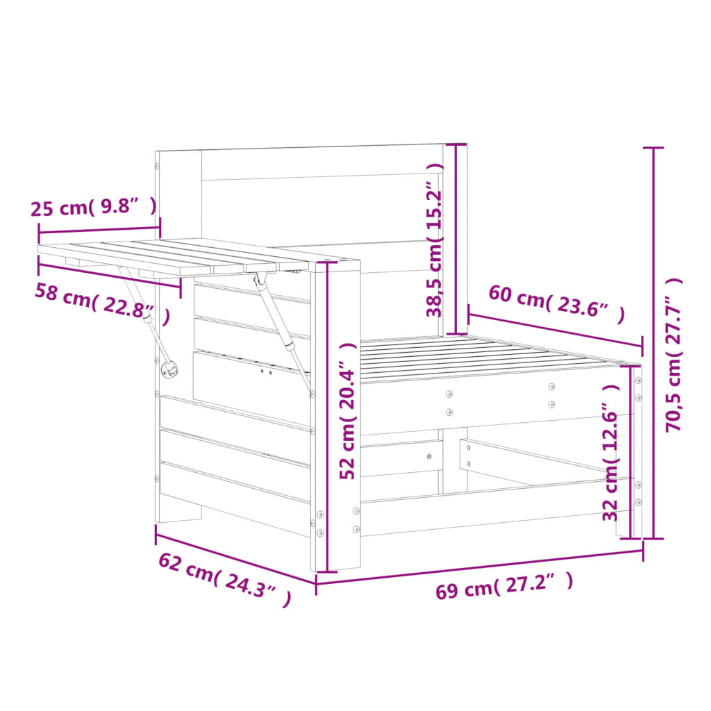 Armlehnen-Gartensofa mit Beistelltisch aus massivem Kiefernholz