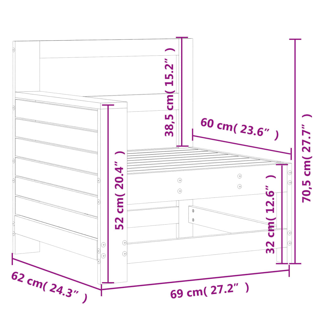 Armlehne für Gartensofa, 69 x 62 x 70,5 cm, massives Kiefernholz