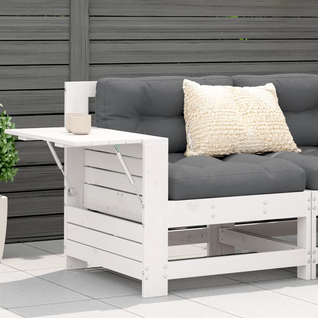 Garden sofa with armrest and white cushion in solid pine wood