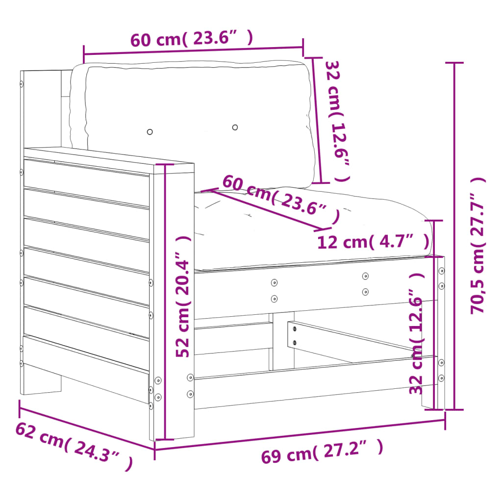 Armlehnen-Gartensofa mit Kissen aus massivem Kiefernholz