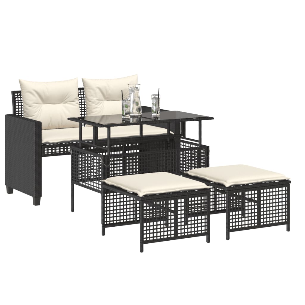 Salon de jardin avec coussins 4 pcs noir résine tressée verre