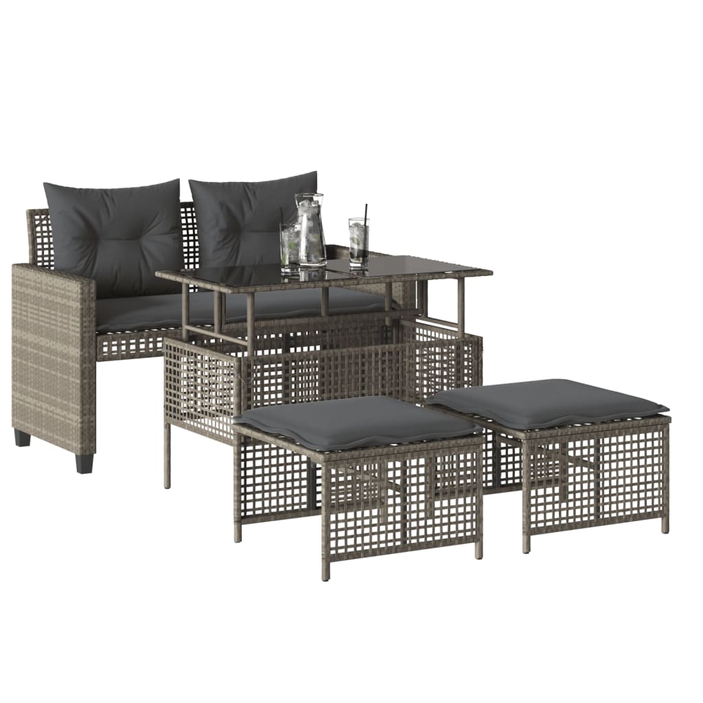 Salon de jardin avec coussins 4 pcs gris clair poly rotin verre