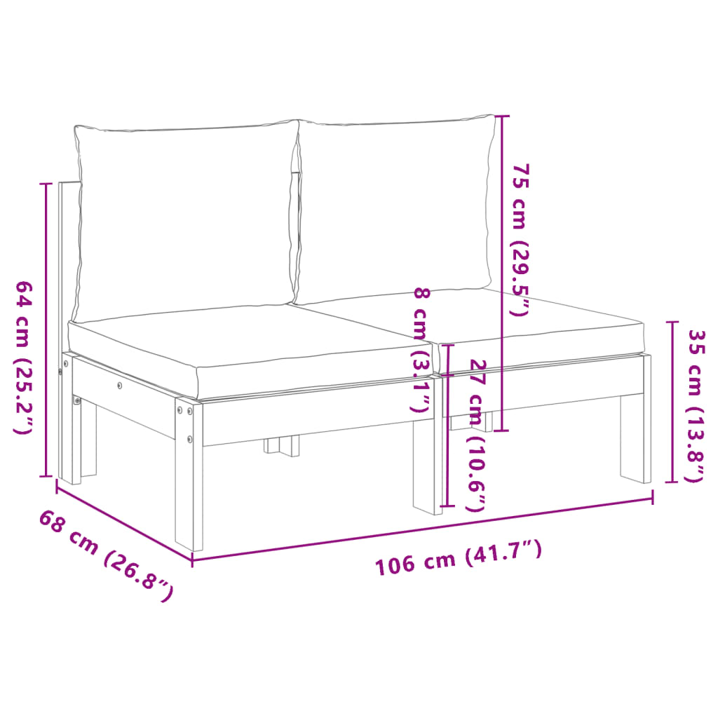 Garden sofa without armrests cushions 2 places acacia wood