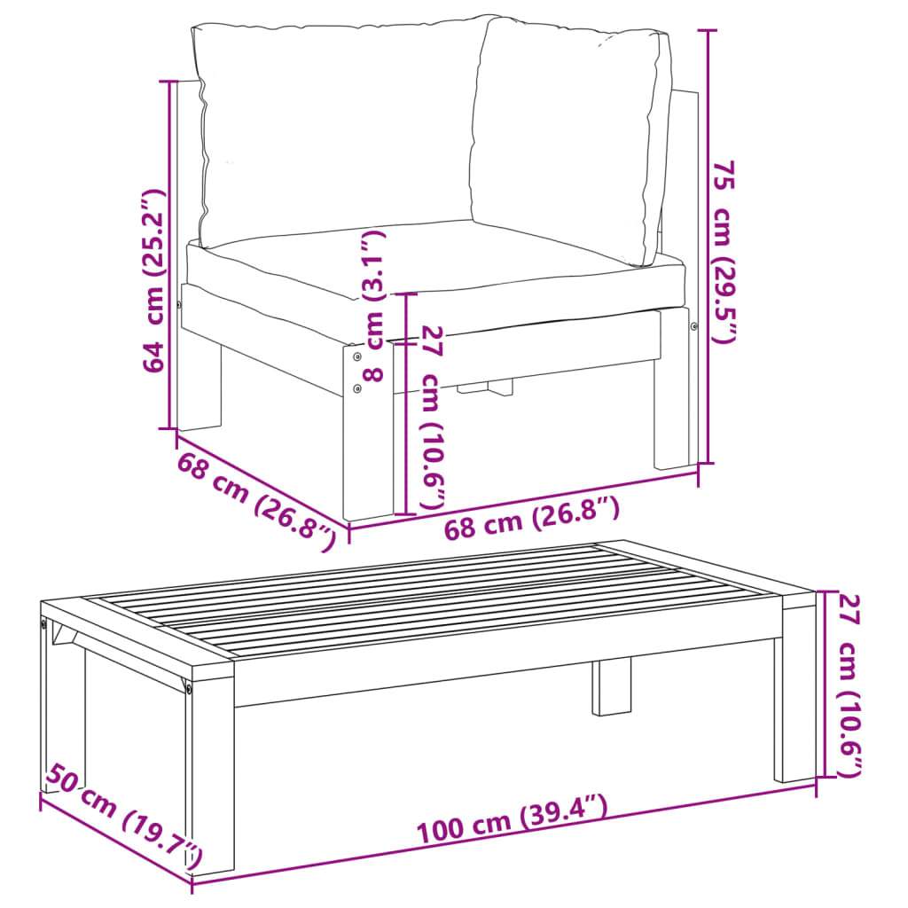 Salon de jardin avec coussins 2 pcs bois massif acacia