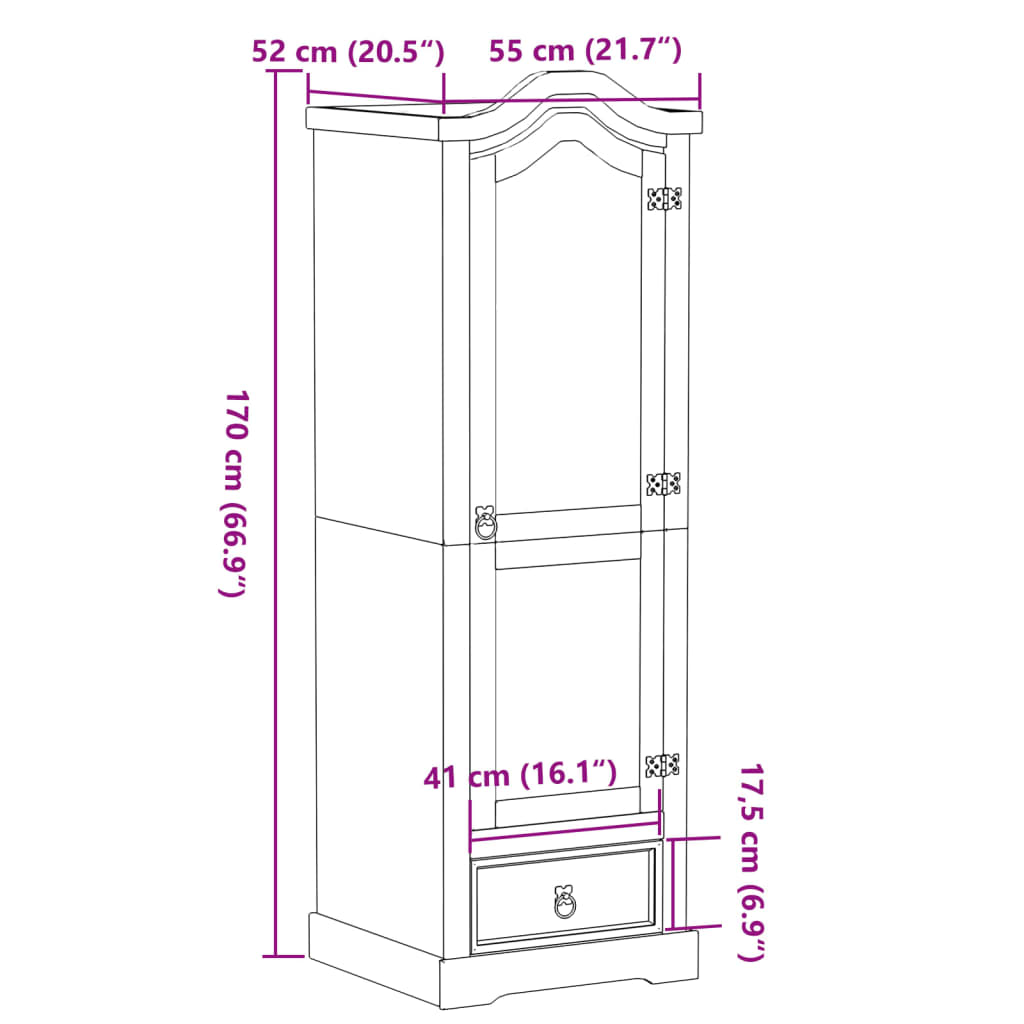 Corona-Kleiderschrank 55x52x170 cm aus massivem Kiefernholz