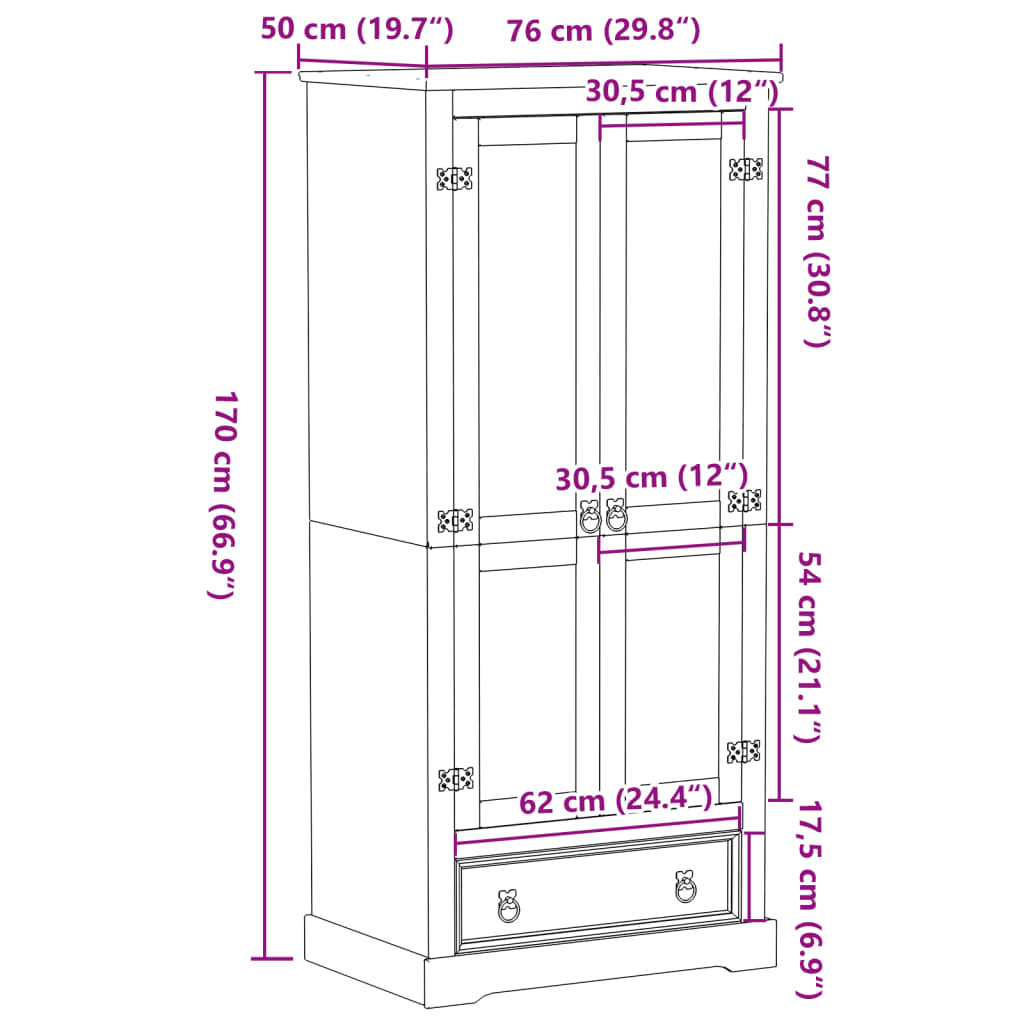 Garde-robe Corona 76x50x170 cm bois de pin massif