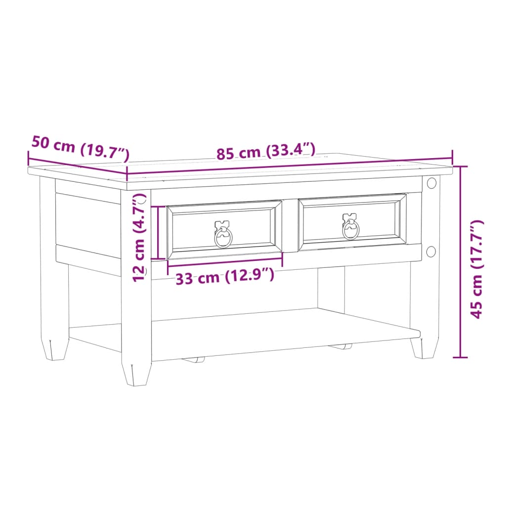 Table basse avec tiroirs Corona 85x50x45 cm bois de pin massif