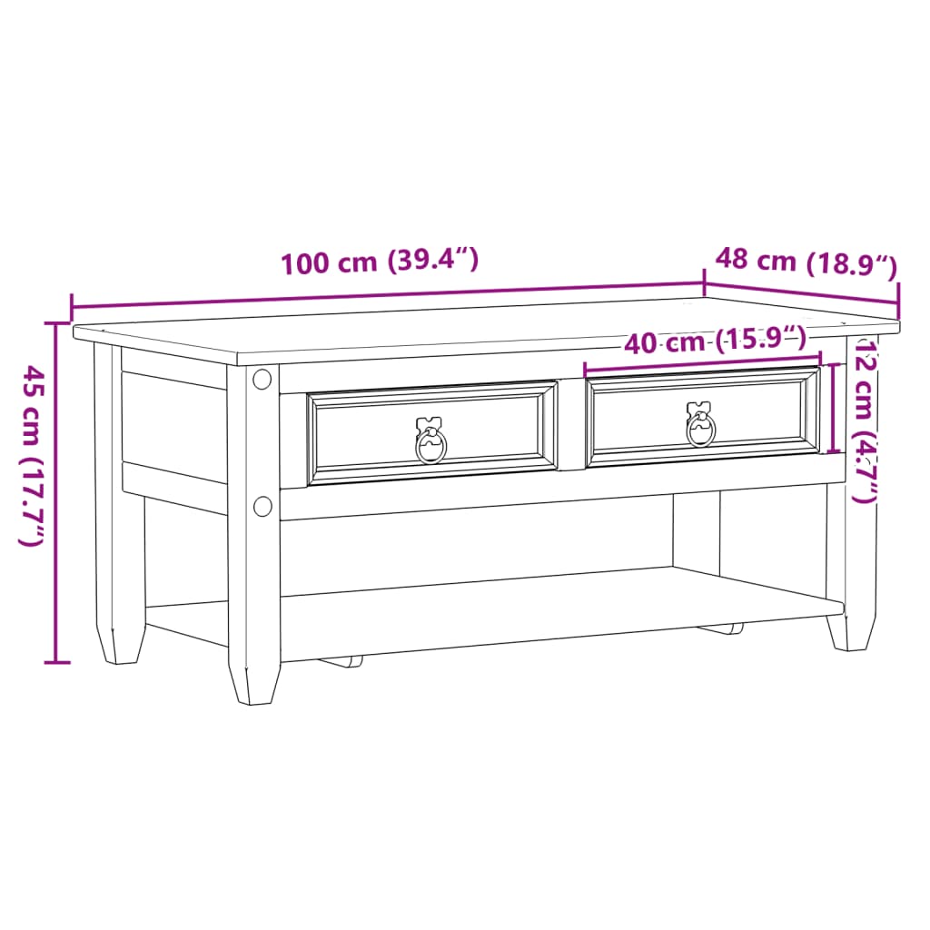 Table basse avec tiroirs Corona 100x48x45 cm bois de pin massif