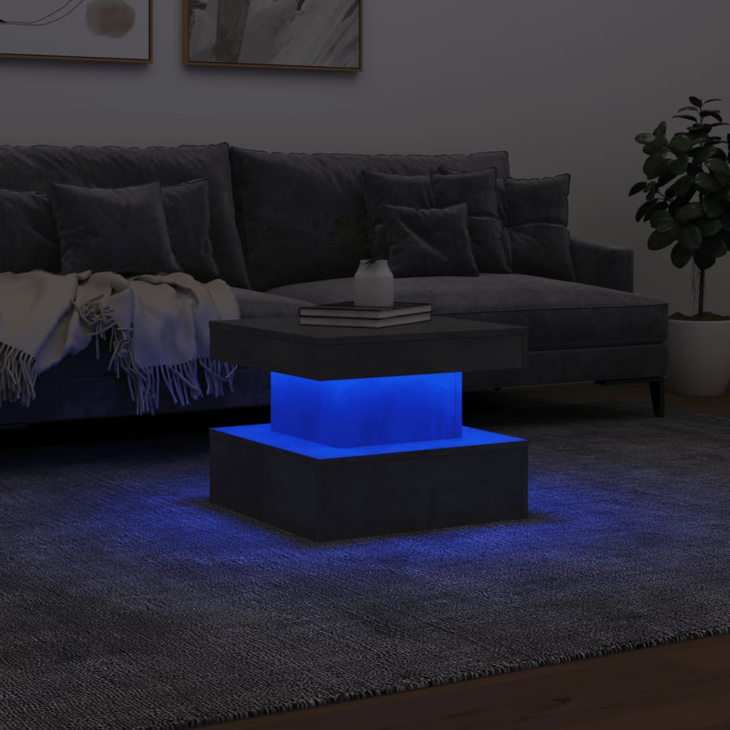 Table basse avec lumières LED gris béton 50x50x40 cm