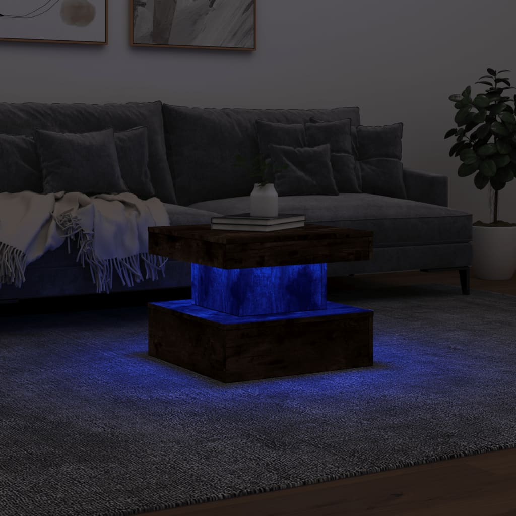 Table basse avec lumières LED chêne fumé 50x50x40 cm