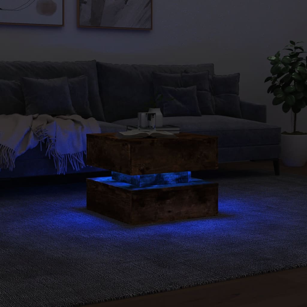 Table basse avec lumières LED chêne fumé 50x50x40 cm