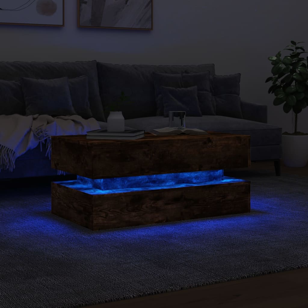 Couchtisch mit LED-Leuchten, geräucherte Eiche, 90 x 50 x 40 cm