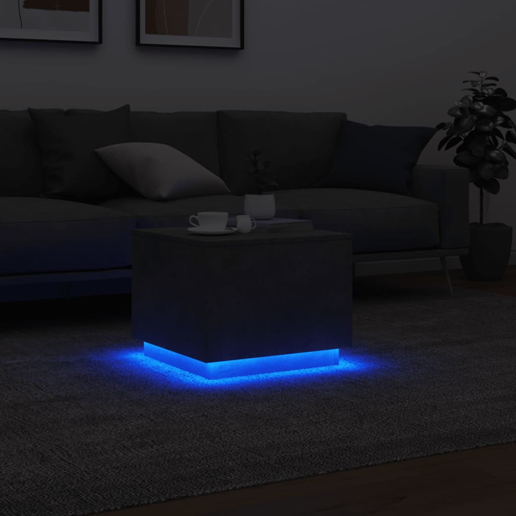 Table basse avec lumières LED gris béton 50x50x40 cm