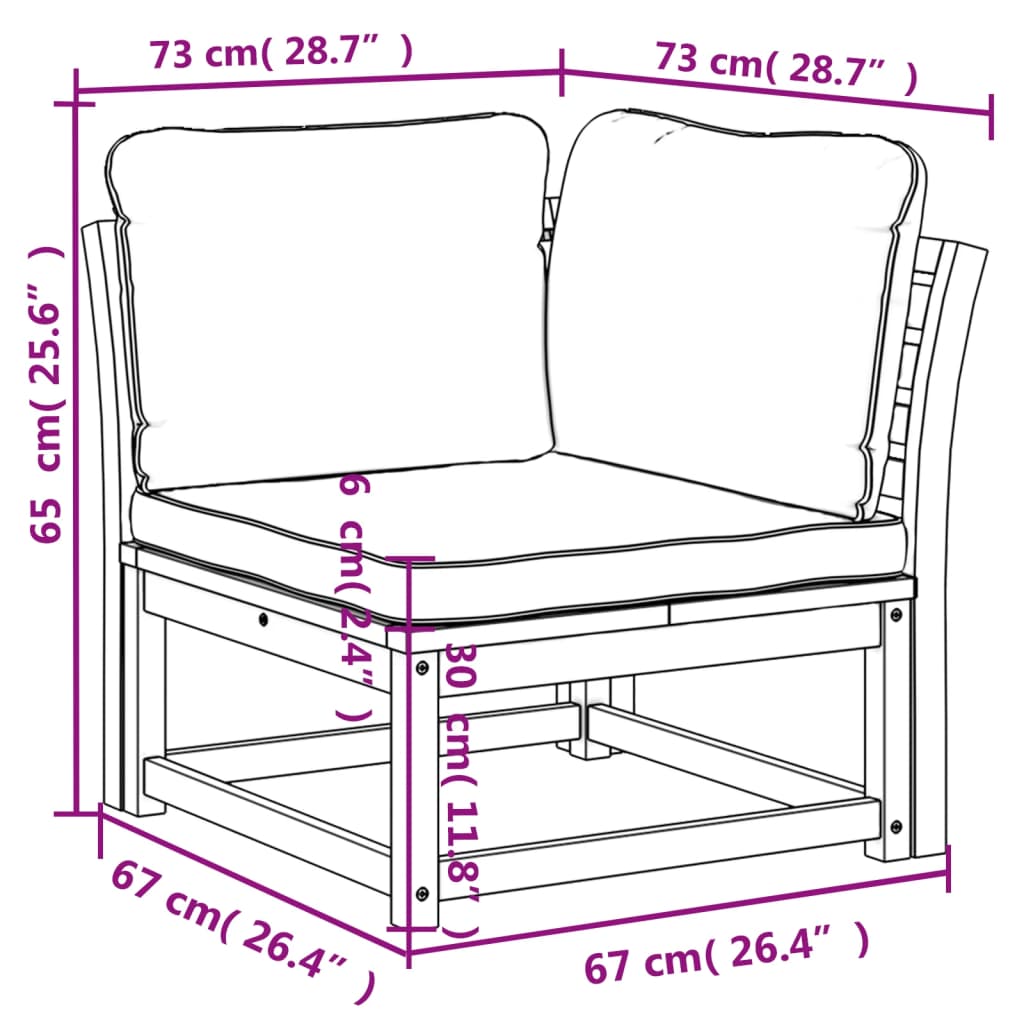 Canapé d'angle de jardin coussins 73x73x65cm bois massif acacia