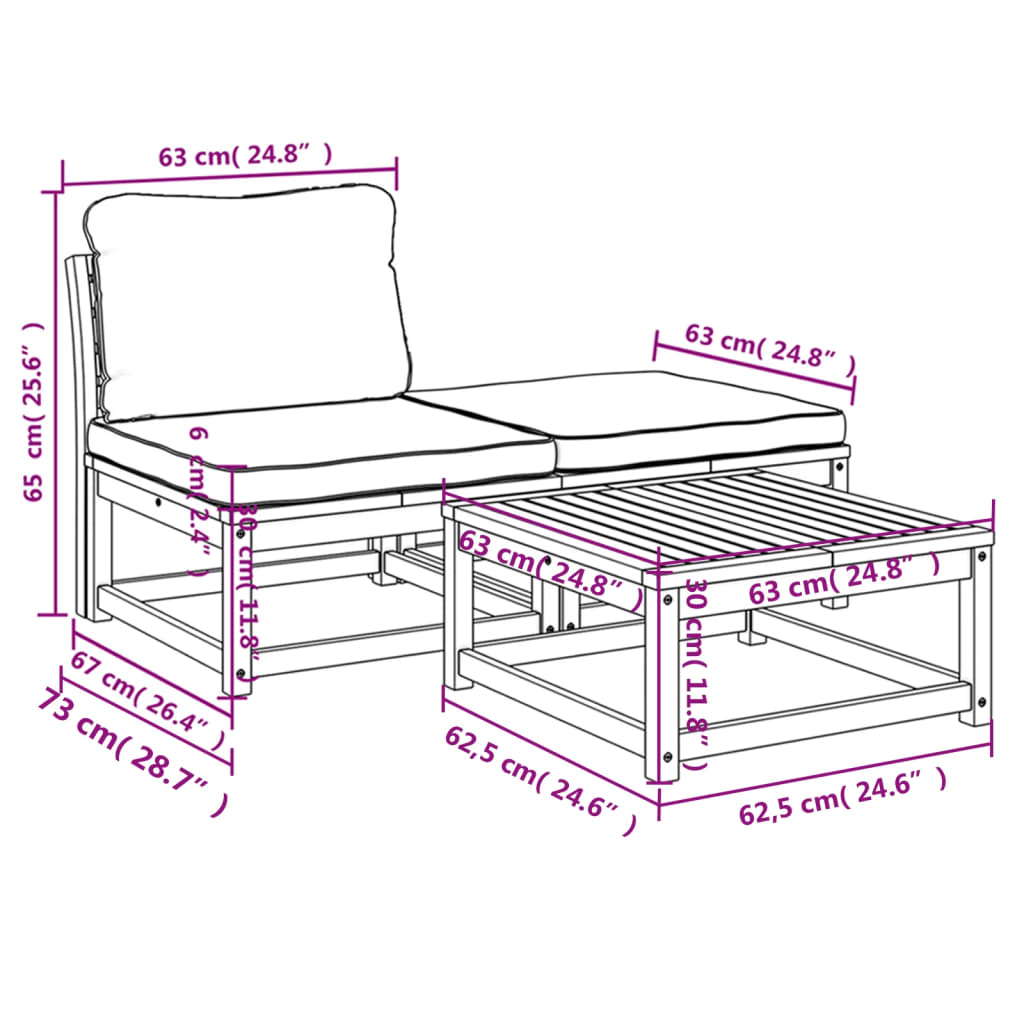 Salon de jardin 3 pcs avec coussins bois massif d'acacia