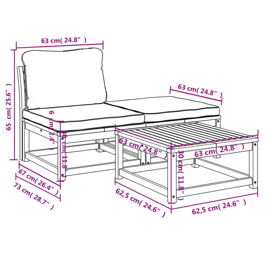 Salon de jardin 3 pcs avec coussins bois massif d'acacia